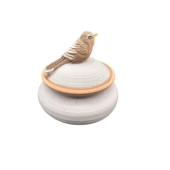Kendall Studio Pottery Bird on Bowl w/ Lid Storage Trinket Keepsake Beige - Picture 2 of 9